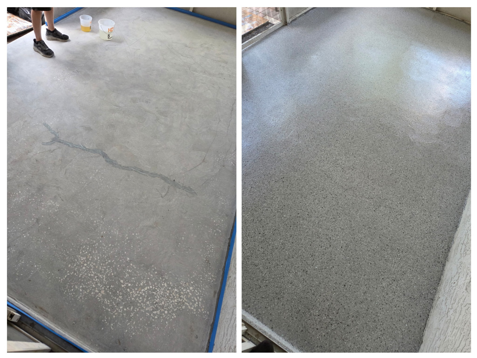 Before-and-after of a cracked concrete porch coated with gray epoxy flake in Port St. John, FL