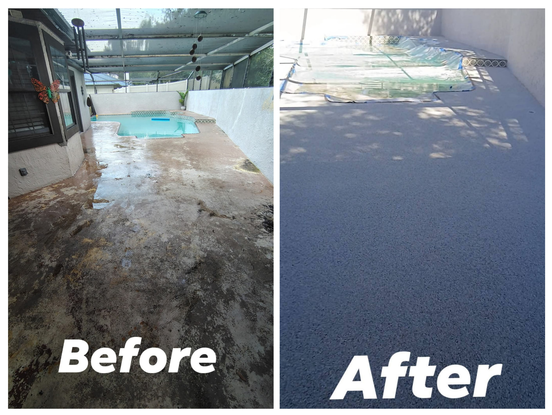 Before-and-after comparison of a screened pool deck resurfaced with textured coating
