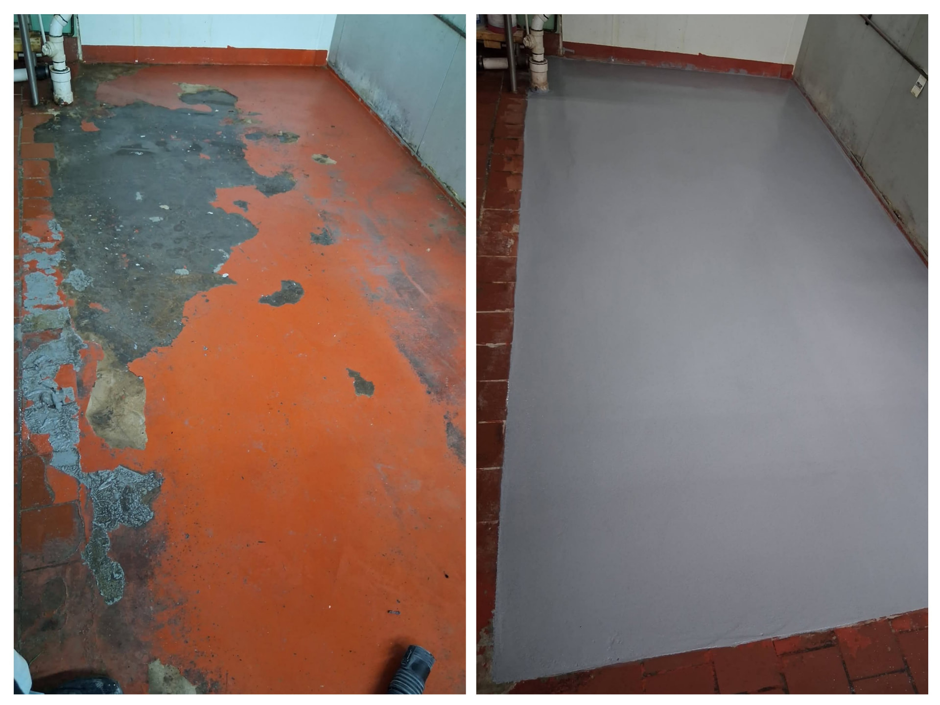 Before-and-after comparison of a commercial kitchen floor recoated with solid gray epoxy