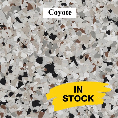 Coyote full-broadcast epoxy flake blend sample for garages and patios
