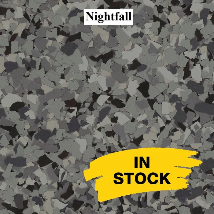Nightfall full-broadcast epoxy flake blend sample for garages and patios