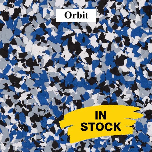 Orbit full-broadcast epoxy flake blend sample for garages and patios