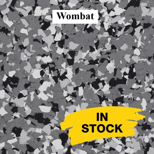 Wombat full-broadcast epoxy flake blend sample for garages and patios
